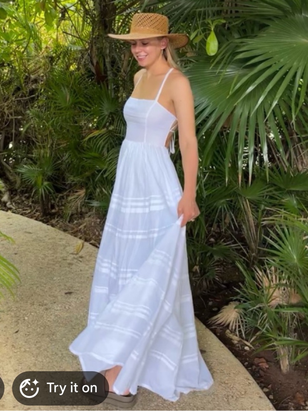 STAUD White Strappy Maxi Dress with Subtle Stripe Detail
